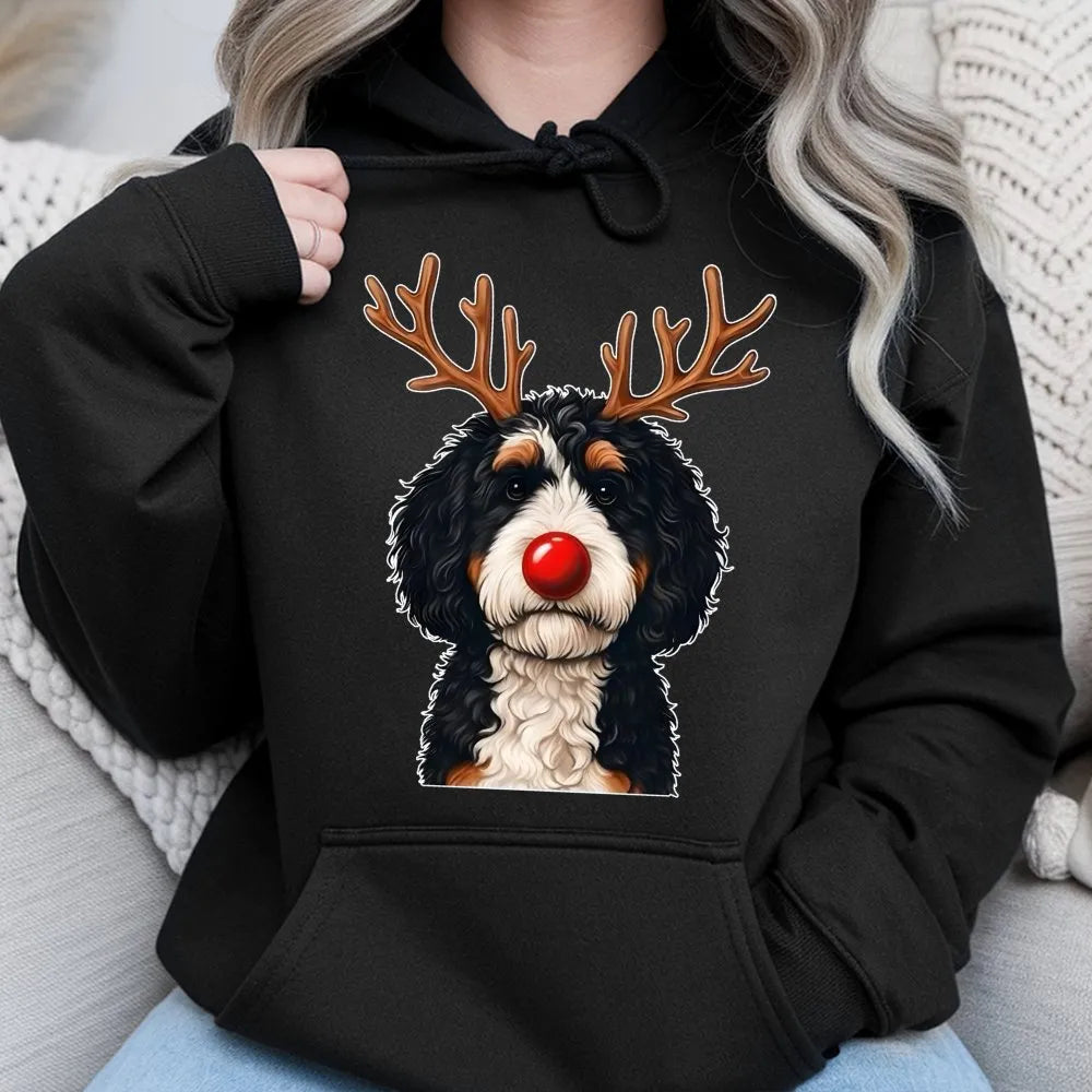 Reindeer Dog Holiday Hoodie, Bernadoodle Christmas Hoodie, Bernedoodle Sweatshirt, Adorable Dog Lover Graphic Hoodie, Present