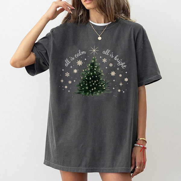 Minimalist Christian Holiday Tee, All Is Calm All Is Bright Christmas Tree T-Shirt, Silent Night Bible Verse Shirt, Winter Xm