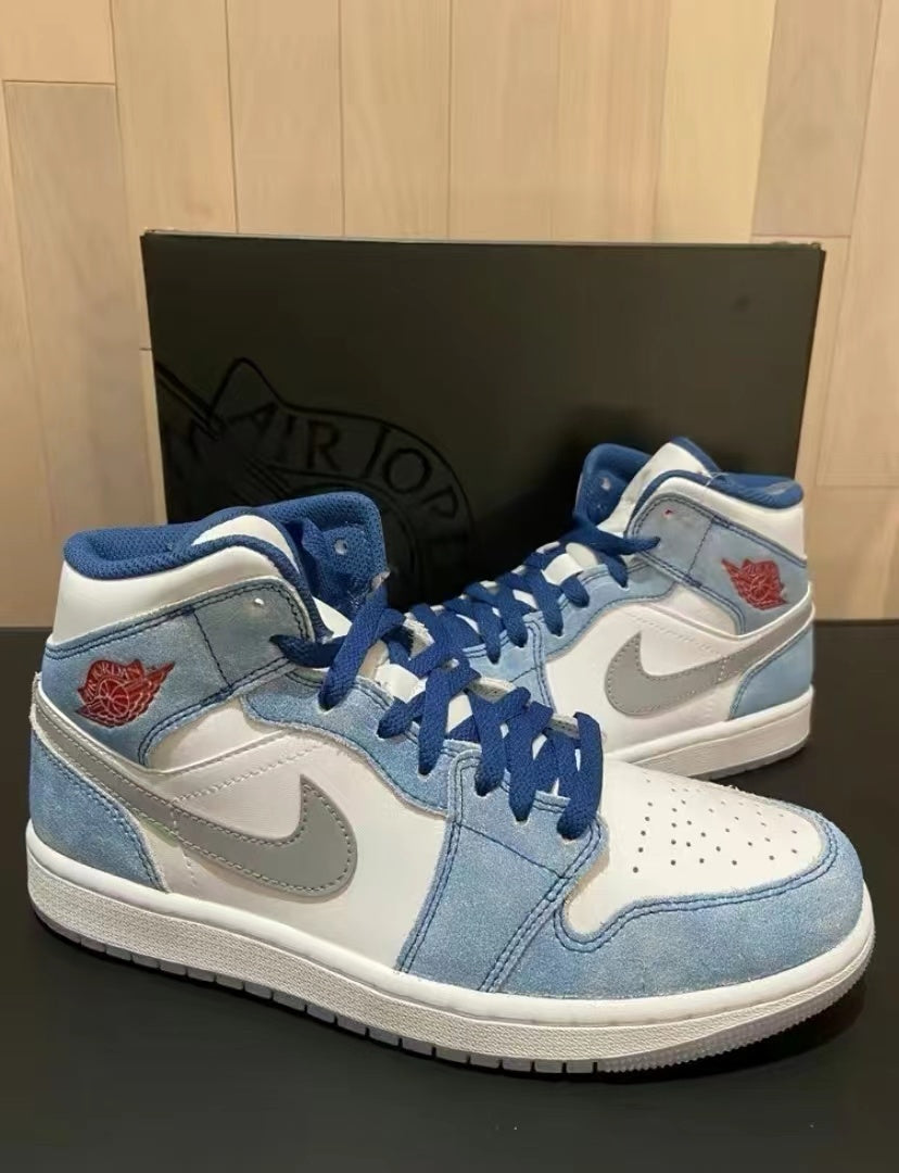 Mid Top Sneakers, Blue White Colorway, Lace Up Design, Casual Gift for Sneaker Fans
