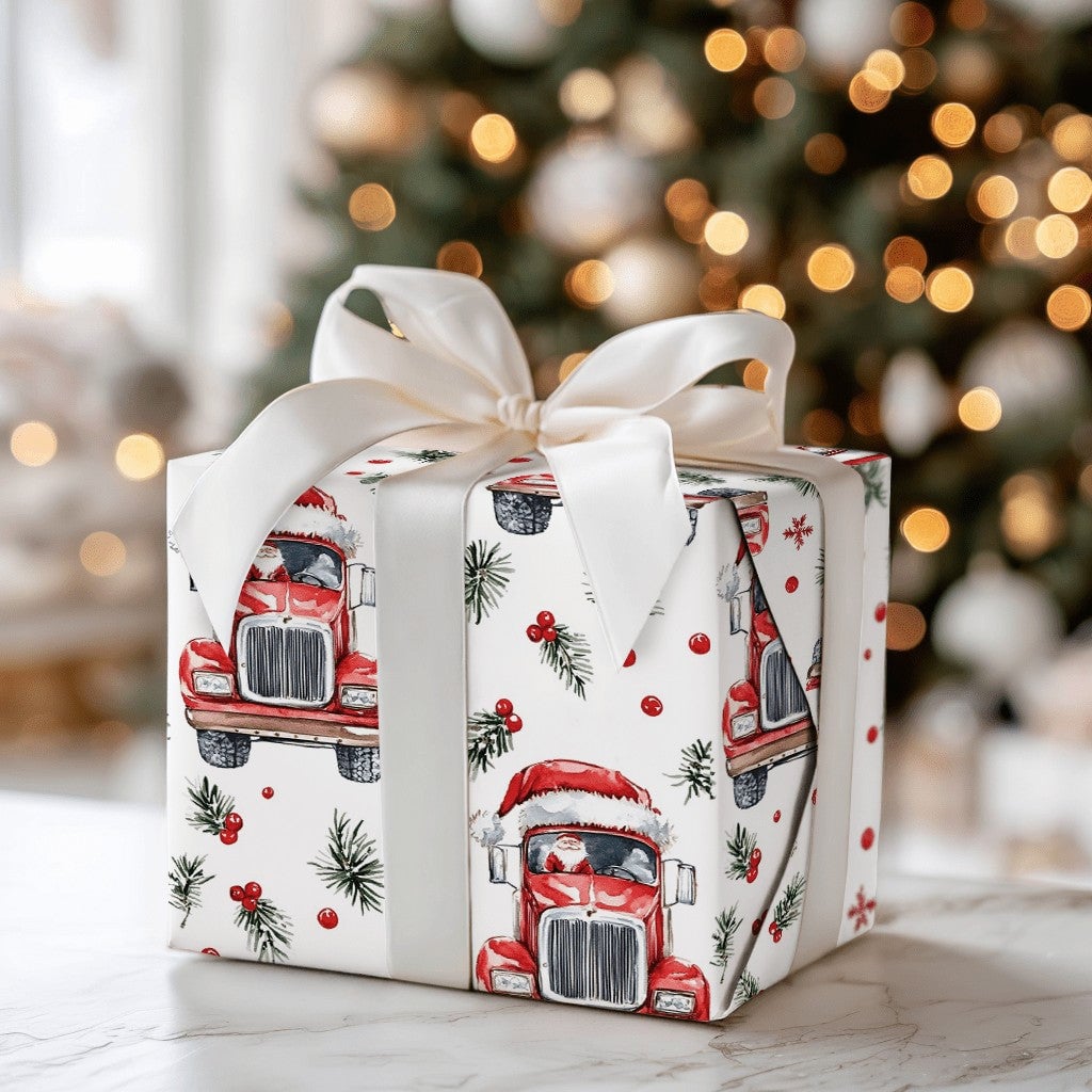 Christmas Trucker Gift Wrap, Santa Driving Semi Truck Wrapping Paper, Holiday Truck Driver Wrapping Paper Rolls, Festive Xmas