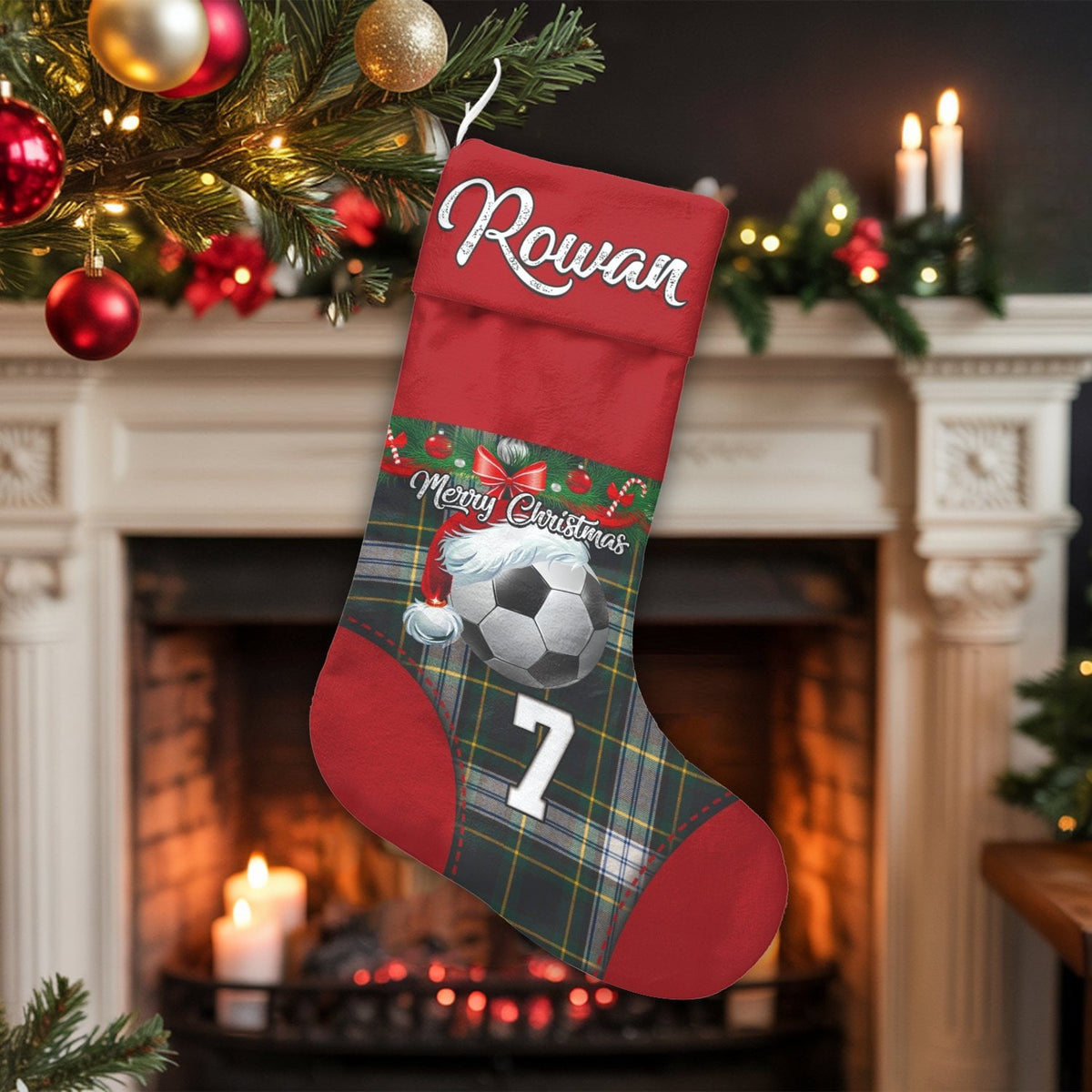 Custom Name and Jersey Number Holiday Stocking, Personalized Soccer Christmas Stocking, Plaid Xmas Stocking, Holiday Decor Pr