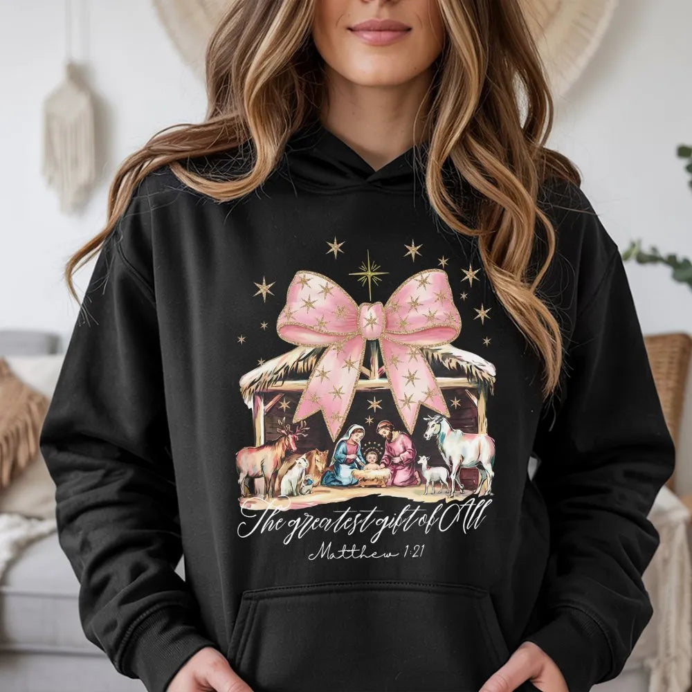 The Greatest Present of All Hoodie, Nativity Scene Hoodie, Christian Bow Graphic Hooded Sweatshirt, Religious Christmas Pullo