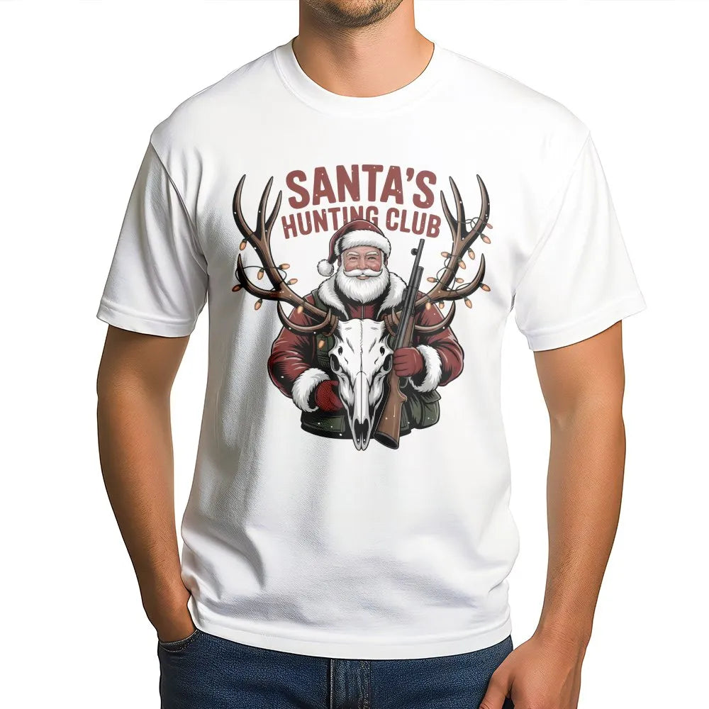 Deer Skull Christmas Graphic Tee, Santa's Hunting Club Shirt, Humorous Hunter Christmas T-Shirt, Hunting Season Shirt, Outdoo