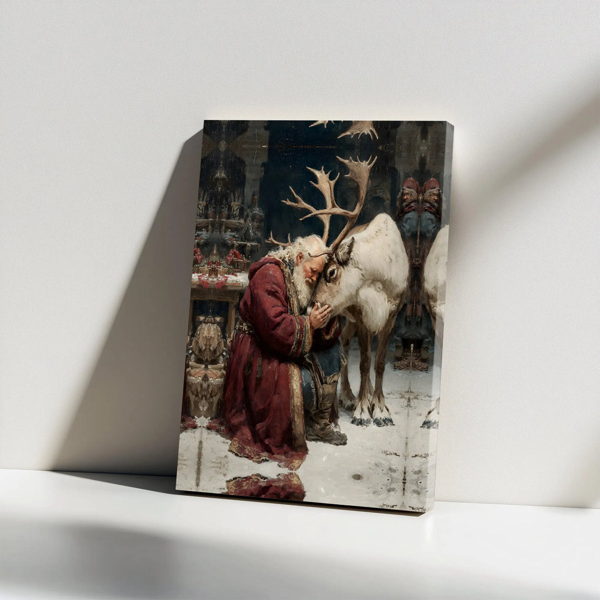 Winter Holiday Painting Canvas Print, Santa Claus and Reindeer Canvas Wall Art, Christmas Season Canvas Decor, Festive Holida