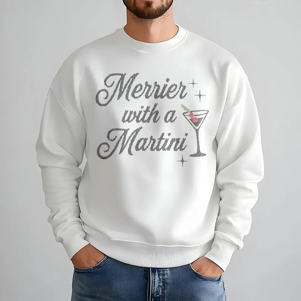 Festive Cocktail Graphic Crewneck, Merrier with A Martini Christmas Sweatshirt, Holiday Bar Drinking Pullover, Party Present 