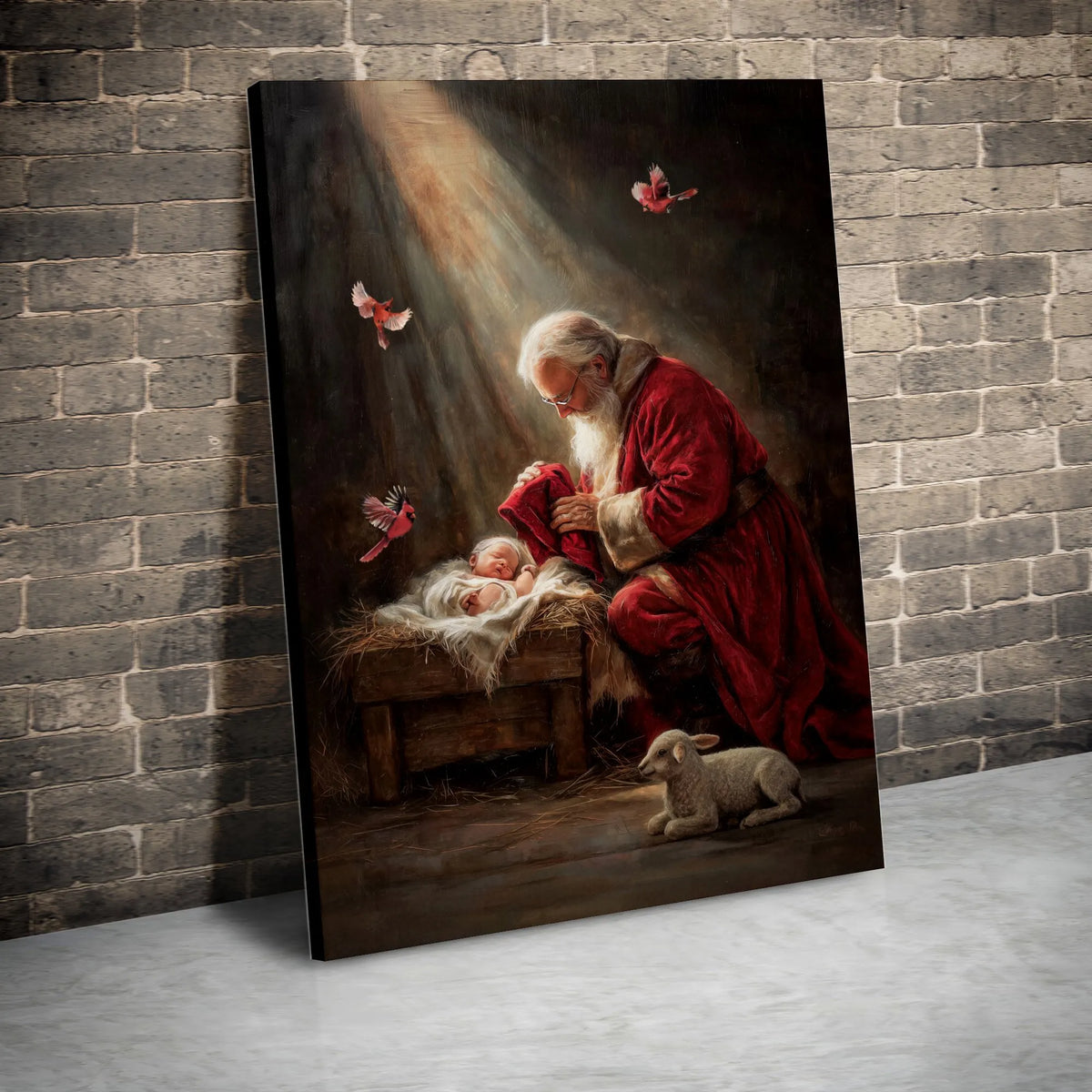 Religious Christmas Nativity Canvas Wall Art, Santa Kneeling at Manger Canvas Print, Holy Night Faith Canvas, Christian Holid