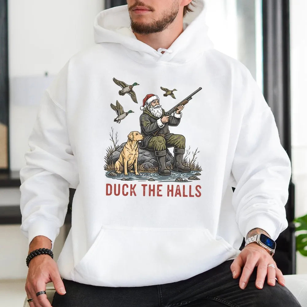 Santa Duck Hunting Labrador Sweatshirt, Duck the Halls Christmas Hoodie, Humorous Xmas Hunter Hoodie, Holiday Outdoorsman Hoo