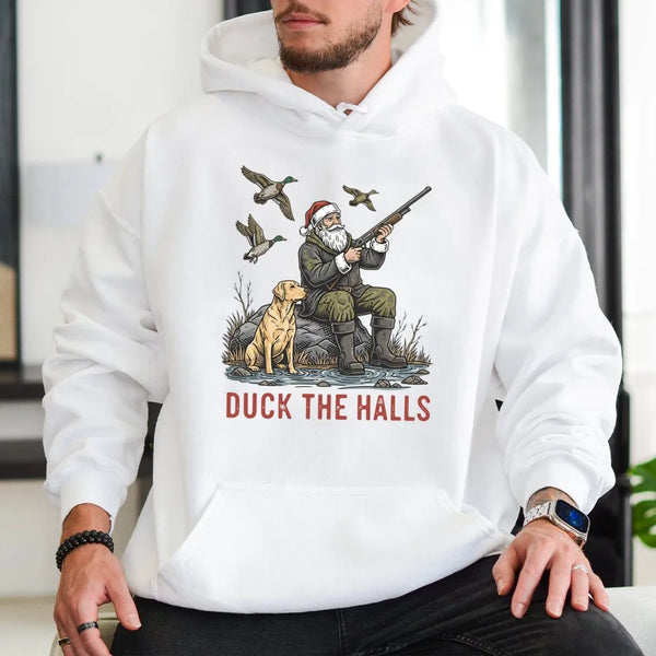 Santa Duck Hunting Labrador Sweatshirt, Duck the Halls Christmas Hoodie, Humorous Xmas Hunter Hoodie, Holiday Outdoorsman Hoo