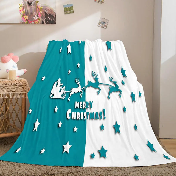 Teal Reindeer Throw Blanket, Merry Christmas Santa Sleigh Blanket, Winter Starry Night Fleece Blanket, Holiday Home Decor Bla