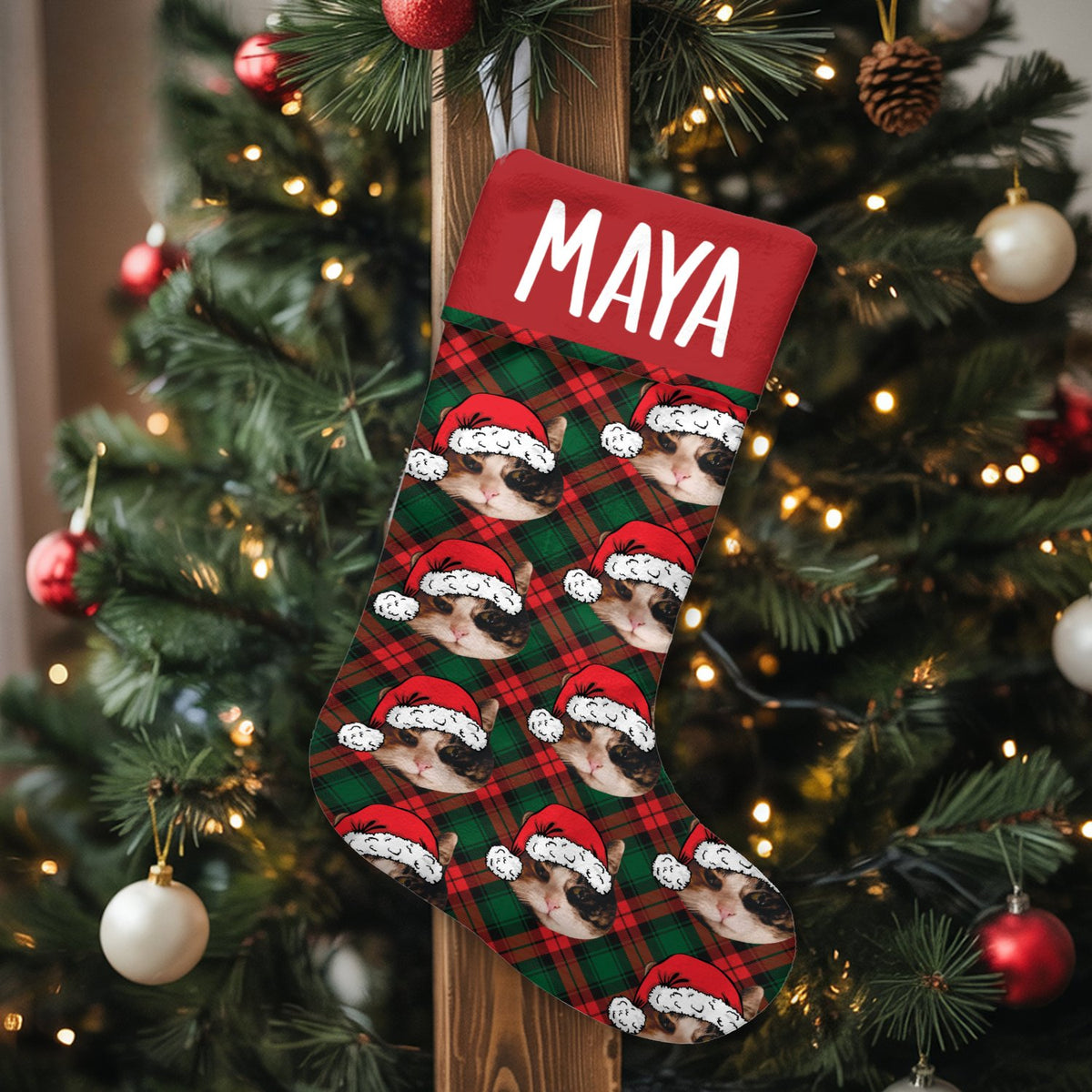 Custom Photo Pet Stocking, Personalized Cat Christmas Stocking, Velboa Holiday Stocking, Xmas Fireplace Decor, Pet Lover Chri