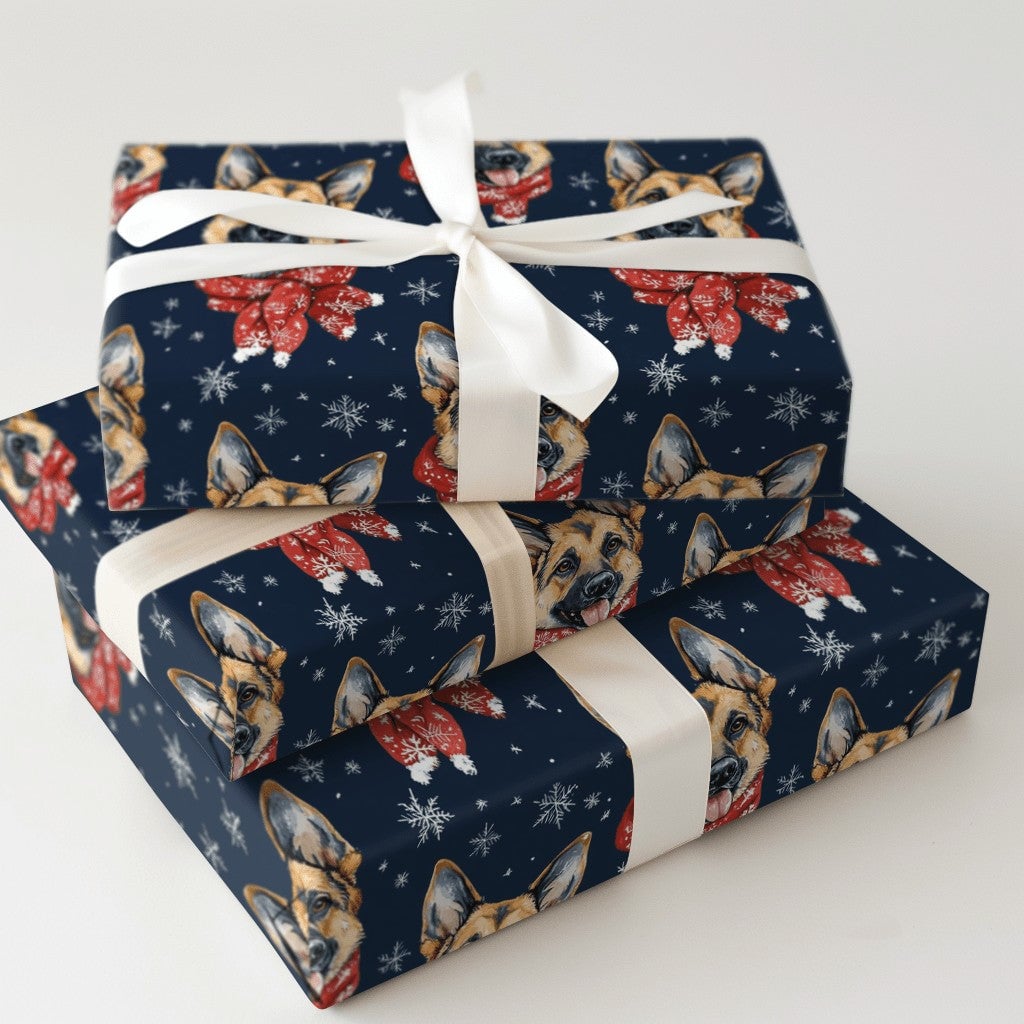 Winter Dog Gift Wrap, German Shepherd Christmas Wrapping Paper, Red Scarf Snowflake Wrapping Paper, Holiday Dog Lover Gift Wr