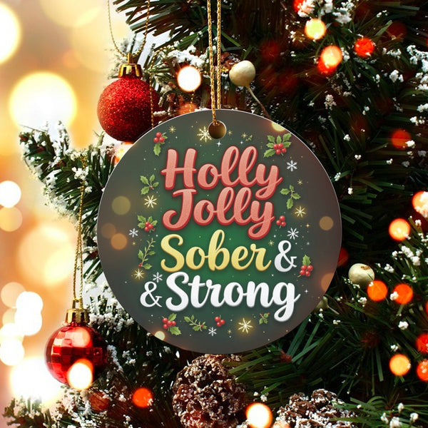 Sobriety Christmas Ornament, Holly Jolly Sober and Strong Ornament, Ceramic Recovery Tree Ornament, Clean and Sober Holiday P