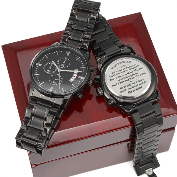 Black Stainless Steel Watch, Engraved Son-in-Law Chronograph Watch, Birthday Christmas Keepsake Watch Present for Son in Law