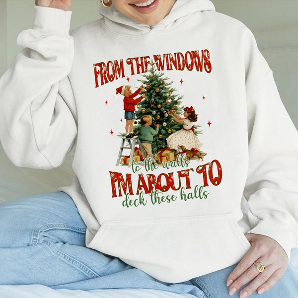 Retro Christmas Holiday Sweatshirt, Humorous Deck the Halls Hoodie, Adorable Xmas Humor Hooded Pullover, Festive Winter Graph