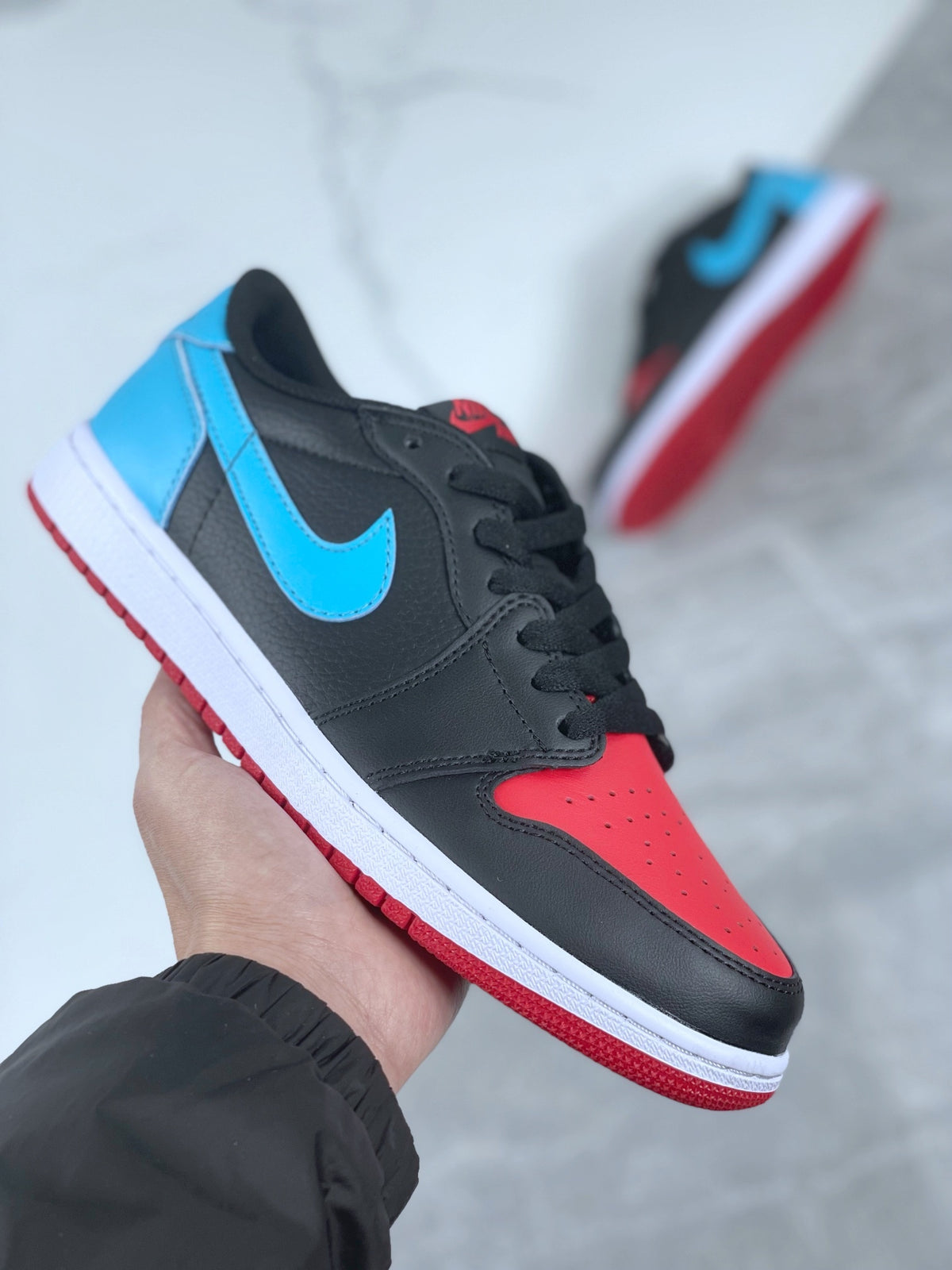 Low Top Sneakers, Blue Black Red Colorway, Lace Up Design, Casual Gift for Sneaker Fans