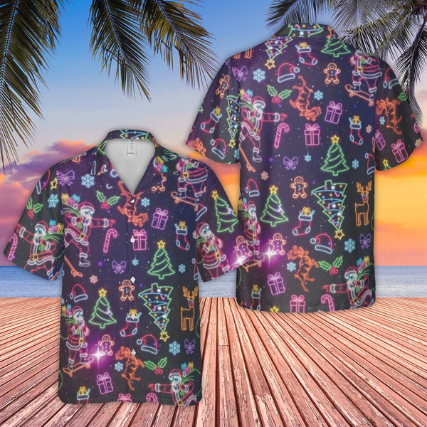 Neon Christmas Skateboarding Button Up Shirt, Dabbing Santa Hawaiian Shirt, Humorous Holiday Aloha Shirt, Retro Winter Party 