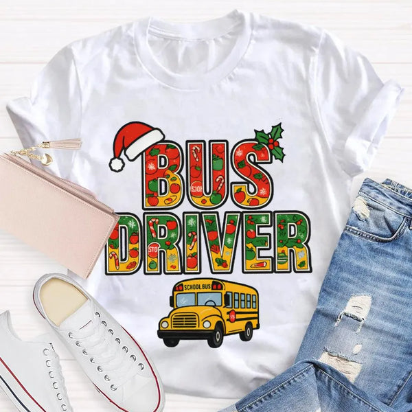 Santa Hat Bus Driver Graphic Tee, School Bus Driver Christmas T-Shirt, Humorous Holiday Driver Shirt, Transportation Staff Xm