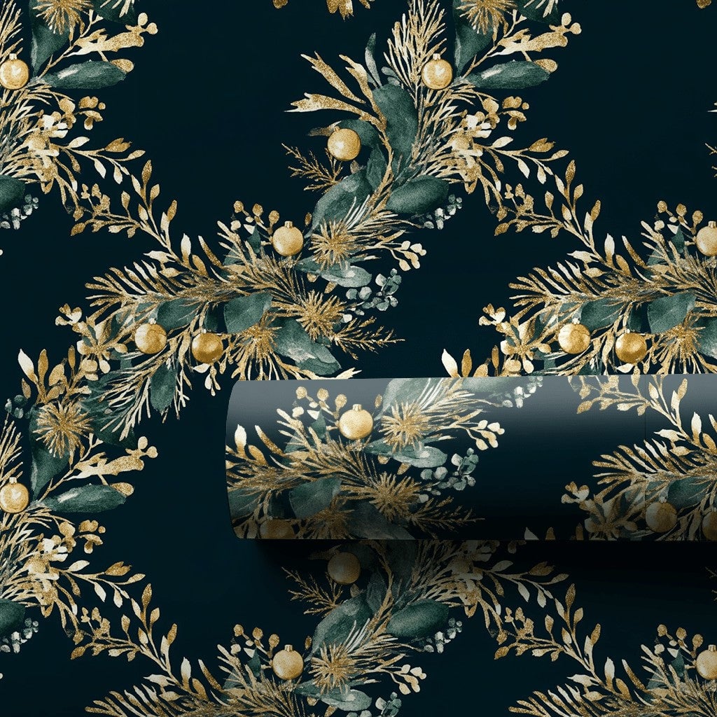 Elegant Gold Green Gift Wrap Roll, Botanical Wreath Christmas Wrapping Paper, Winter Holiday Present Paper, Dark Floral Gift 