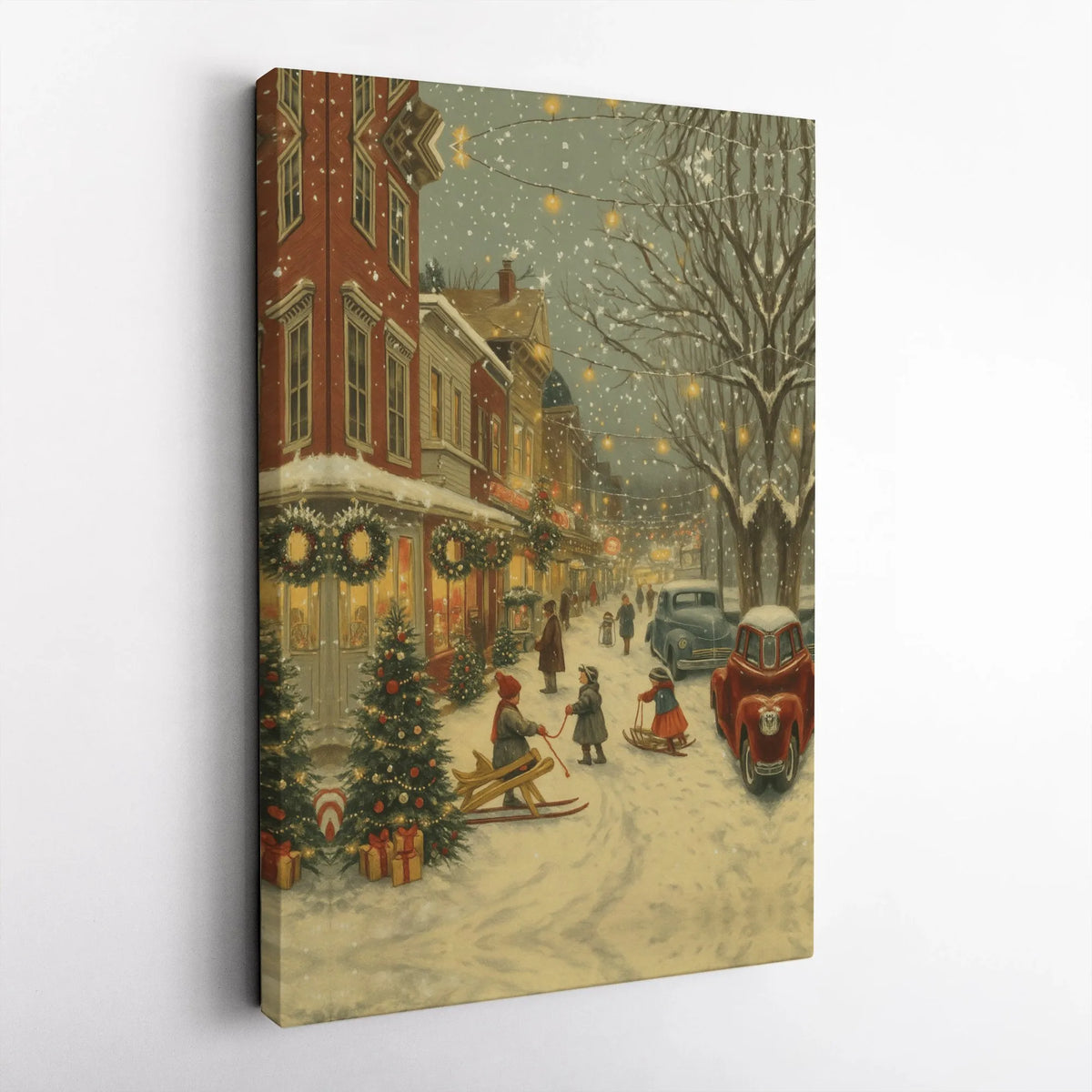 Snowy Winter Village Canvas Print, Vintage Christmas Town Canvas Wall Art, Festive Street Scene Canvas Decor, Holiday Wall De