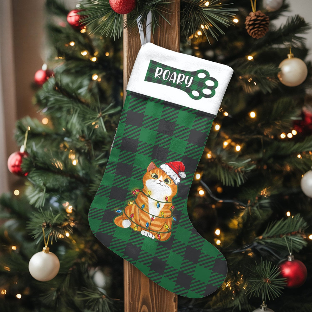 Kitten Tangled in Lights Stocking, Personalized Orange Cat Christmas Stocking, Humorous Pet Lover Holiday Stocking, Fireplace