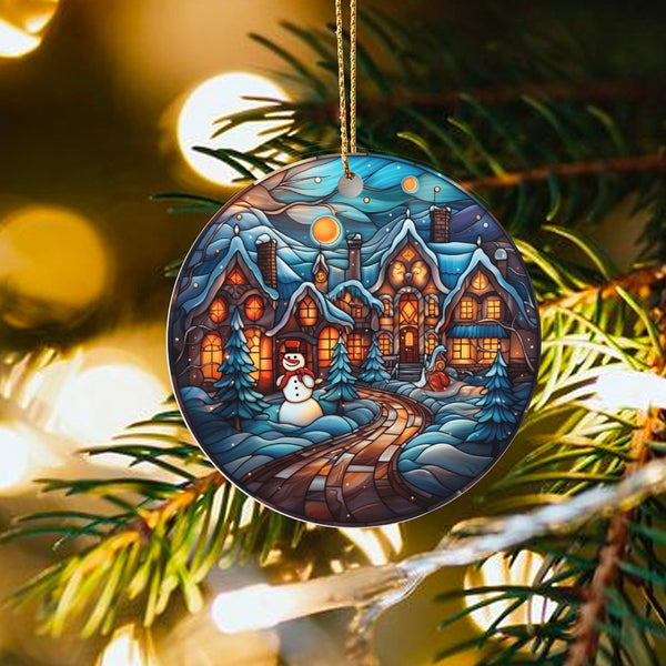 Snowman Ceramic Ornament, Stained Glass Winter Village Ornament, Winter Village Christmas Ornament, Festive Holiday Tree Deco