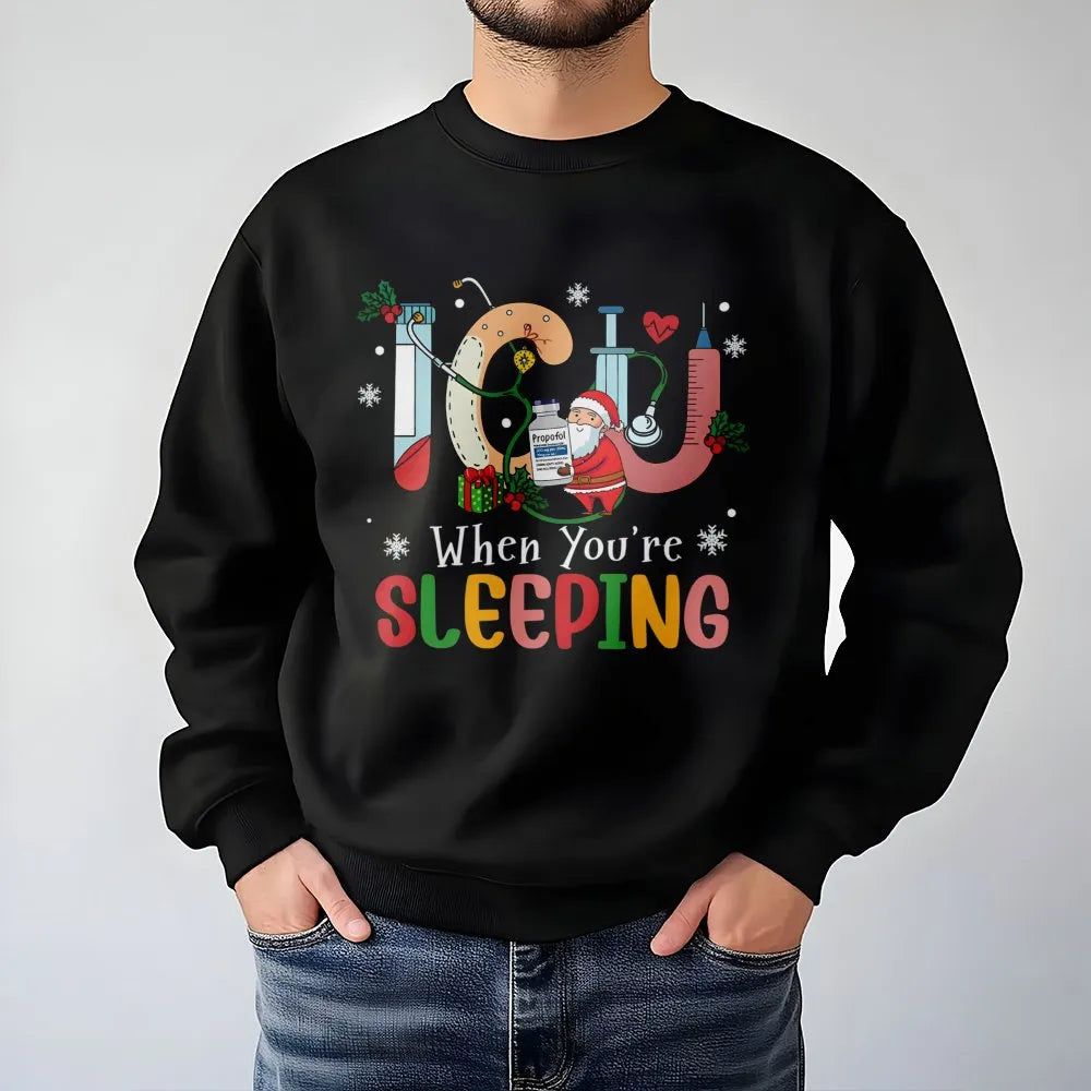 Humorous Santa Medical Holiday Sweater, ICU Nurse Christmas Sweatshirt, Intensive Care RN Crewneck, Healthcare Worker Xmas Pu