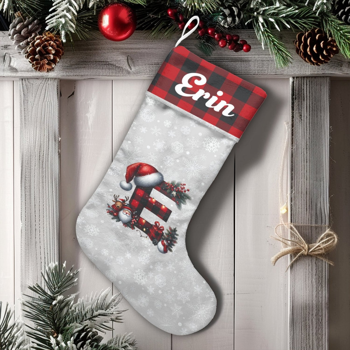 Personalized Letter Monogram Stocking, Buffalo Plaid Initial Christmas Stocking, Rustic Farmhouse Holiday Stocking, Custom Fa