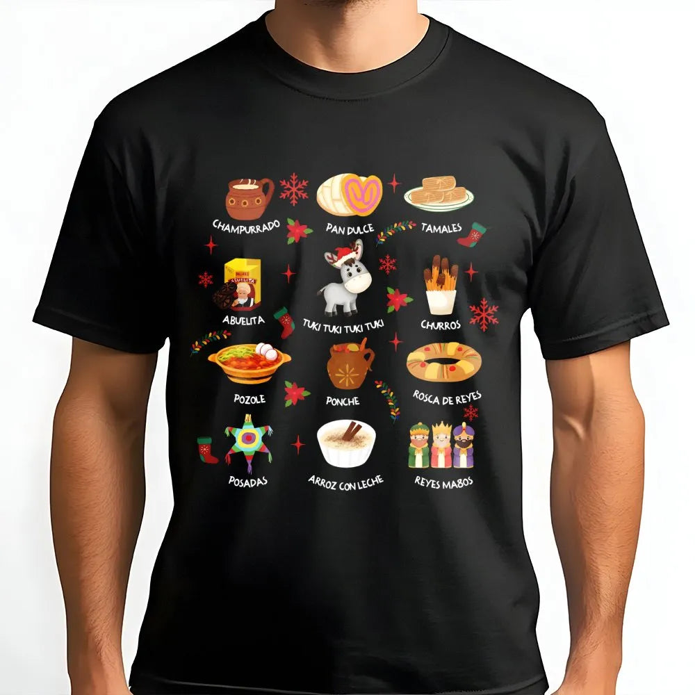 Feliz Navidad Tamales and Traditions Graphic Tee, Mexican Christmas T-Shirt, Festive Latino Holiday Shirt, Hispanic Christmas