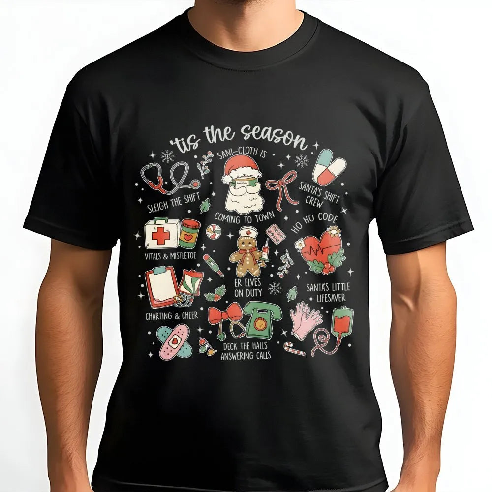 Medical Holiday Icons Graphic Tee, Nurse Christmas T-Shirt, Adorable Healthcare Worker Shirt, RN Christmas Tree Tee, Hospital
