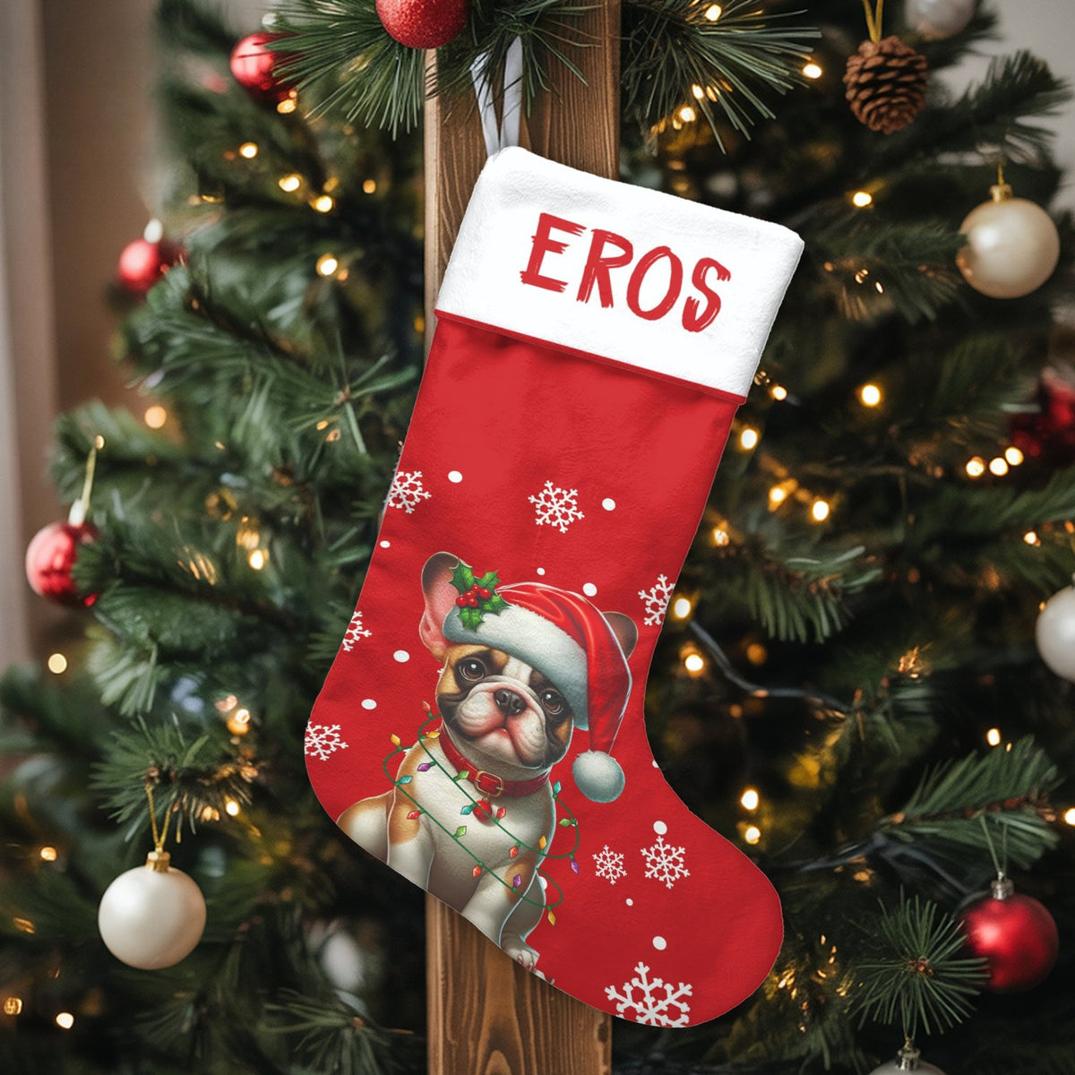 Santa Hat Frenchie Holiday Decor, Personalized French Bulldog Christmas Stocking, Velboa Fabric Stocking, Custom Dog Lover Pe