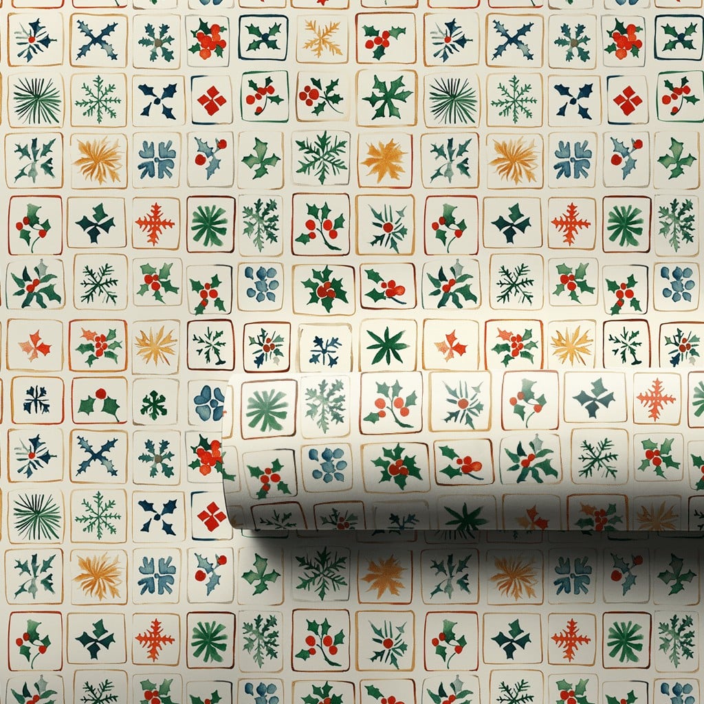 Snowflake and Holly Gift Wrap, Folk Art Christmas Wrapping Paper, Rustic Holiday Wrapping Paper, Traditional Winter Present G