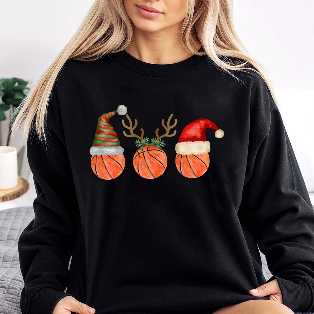 Santa Hat Reindeer Graphic Crewneck, Basketball Christmas Sweatshirt, Holiday Sports Pullover, Basketball Player Sweatshirt, 