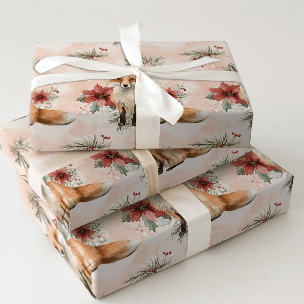Watercolor Poinsettia Gift Wrap, Winter Fox Wrapping Paper, Woodland Red Fox Wrapping Paper, Christmas Holiday Floral Gift Wr