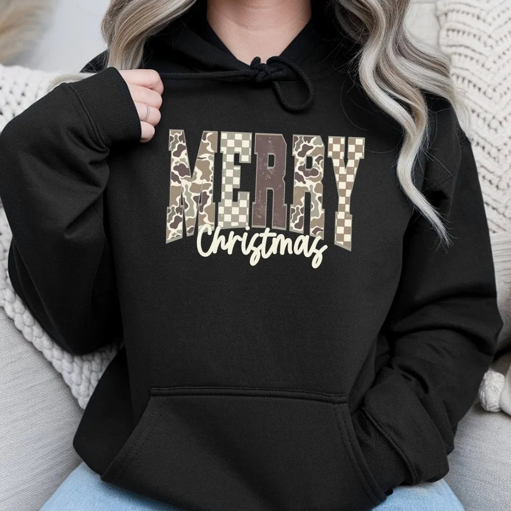 Trendy Camouflage Checkered Hoodie, Merry Christmas Camo Hoodie, Comfy Holiday Graphic Sweatshirt, Winter Festive Pullover Ca