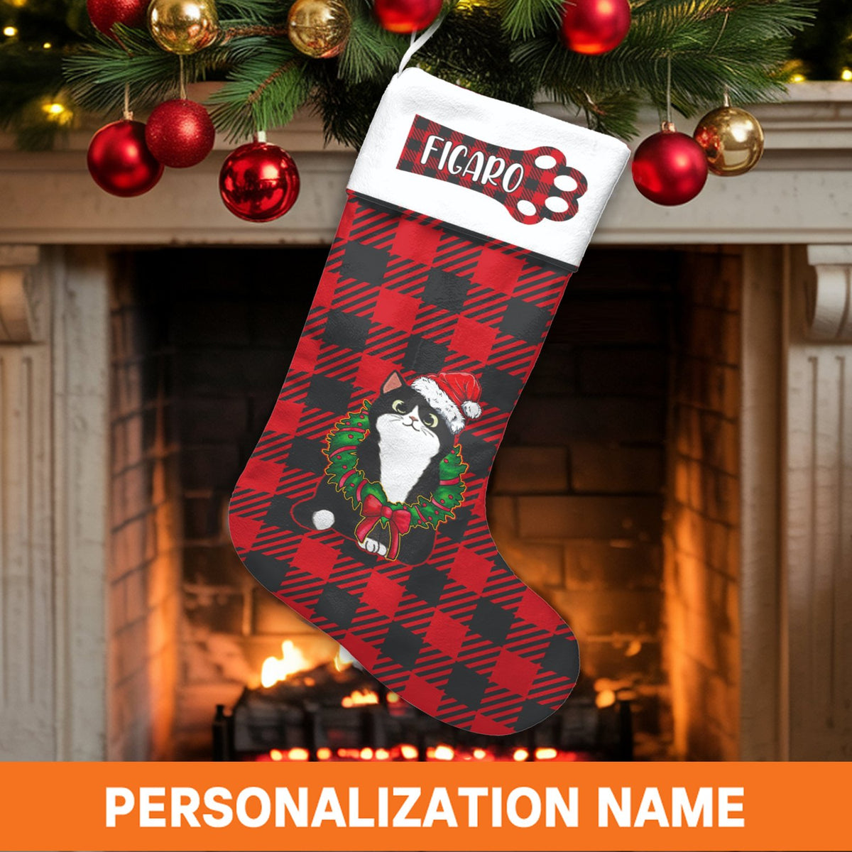 Personalized Buffalo Plaid Stocking, Tuxedo Cat Christmas Stocking, Pet Lover Christmas Stocking, Custom Red Plaid Holiday De