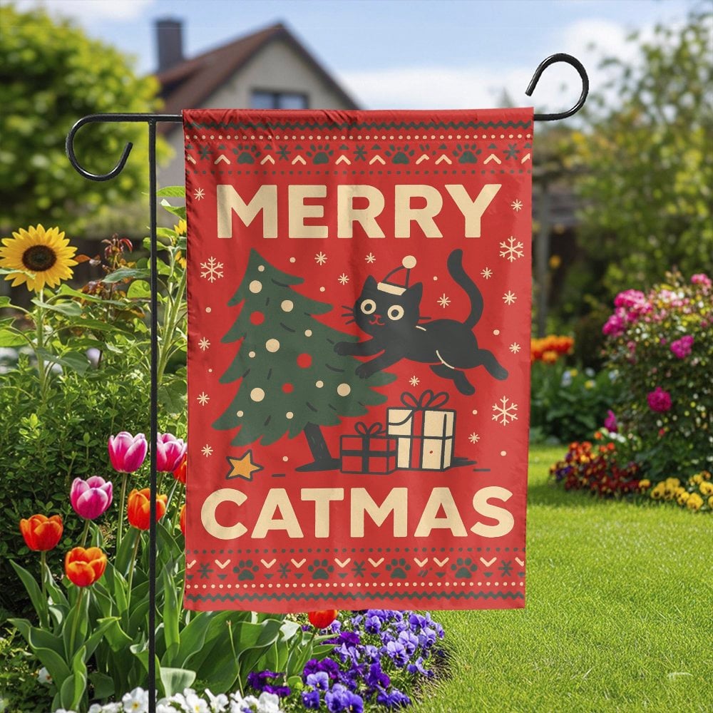 Humorous Black Cat Christmas Garden Flag, Merry Catmas Garden Flag, Holiday Kitten Garden Flag, Winter Xmas Yard Banner, Cat 