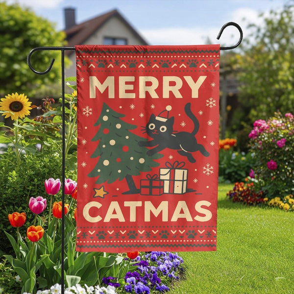 Humorous Black Cat Christmas Garden Flag, Merry Catmas Garden Flag, Holiday Kitten Garden Flag, Winter Xmas Yard Banner, Cat 