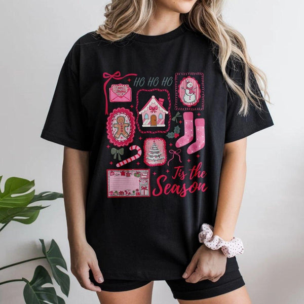 Adorable Gingerbread Snowman Graphic Tee, Pink Christmas Icons T-Shirt, Pastel Xmas Shirt, Retro Holiday Festive Tee, Holiday