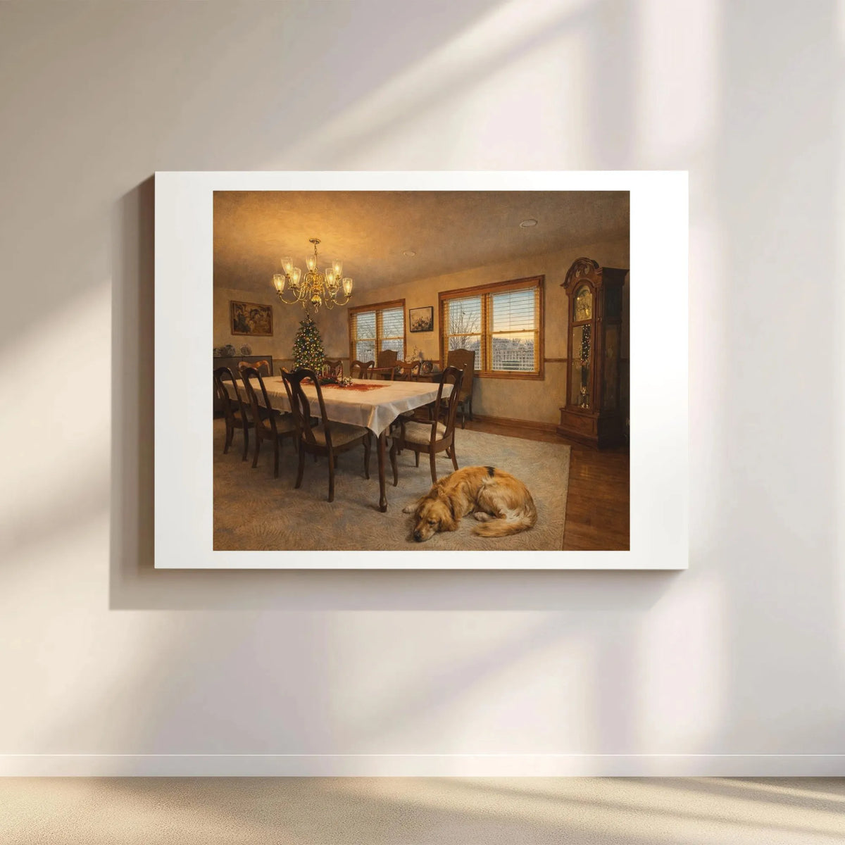 Comfy Holiday Dog Canvas Print, Golden Retriever Christmas Canvas Art, Festive Dining Room Canvas Wall Decor, Winter Puppy Ar