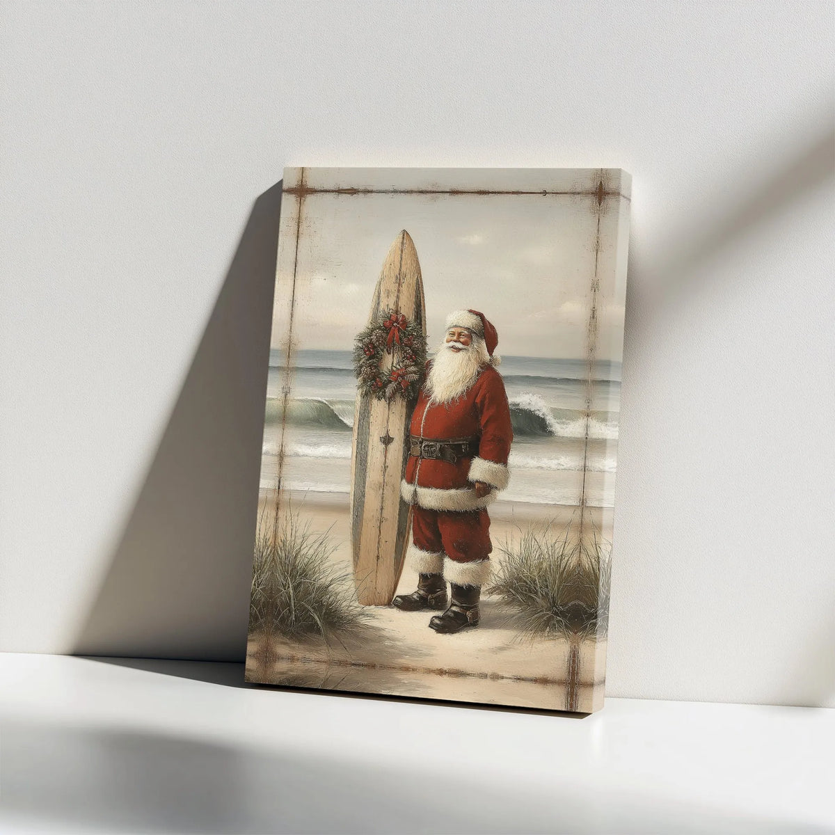 Vintage Surfing Santa Print, Coastal Santa Claus Canvas Wall Art, Tropical Christmas Canvas, Beach Holiday Decor, Surfer Sant