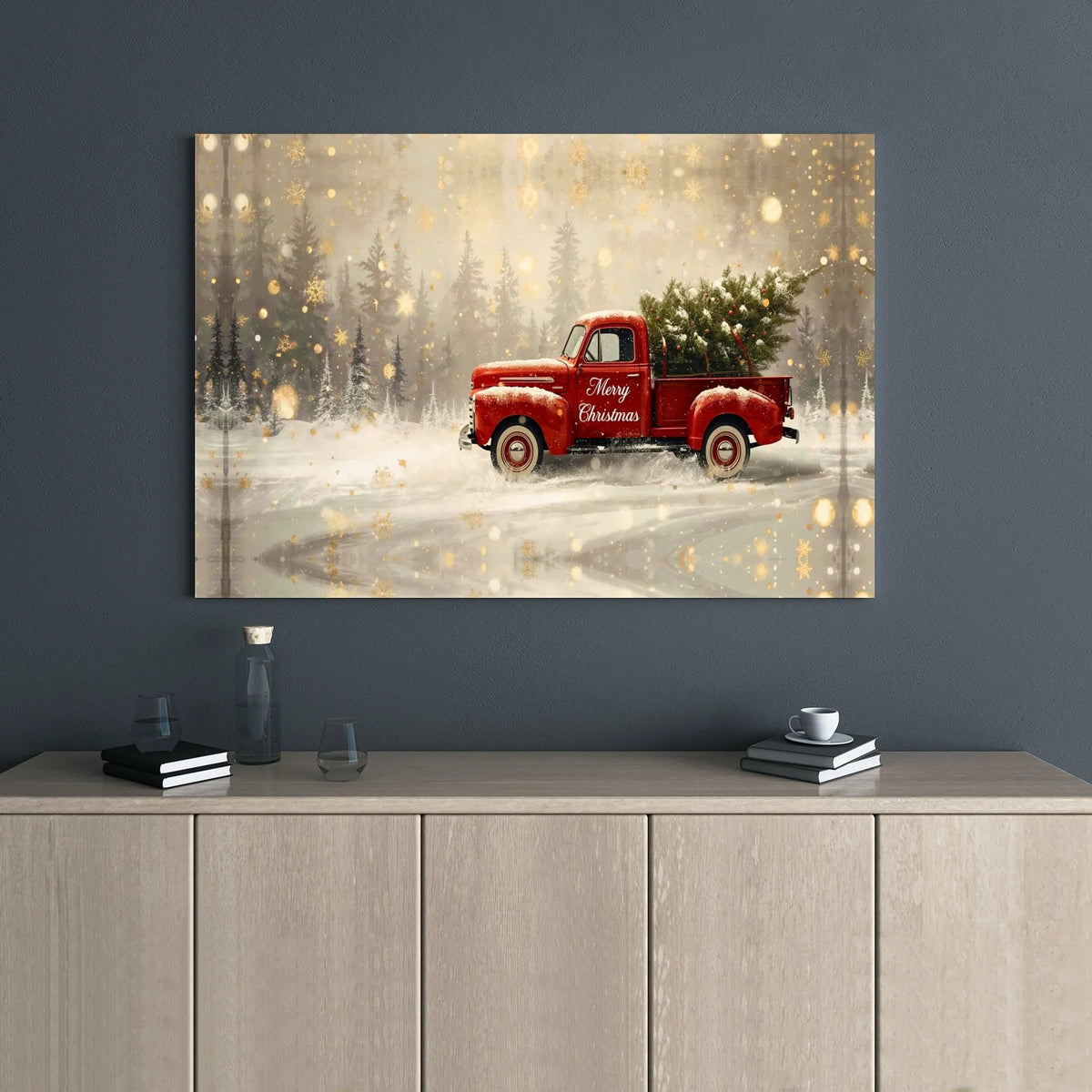 Snowy Winter Forest Tree Canvas Printable, Christmas Red Truck Digital Download, Rustic Farmhouse Xmas Wall Decor, Holiday Ar