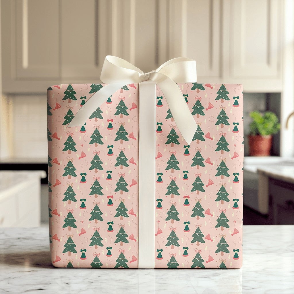 Whimsical Holiday Gift Wrap, Pink Christmas Tree Wrapping Paper, Santa Hat and Bells Xmas Wrapping Paper, Adorable Festive Gi