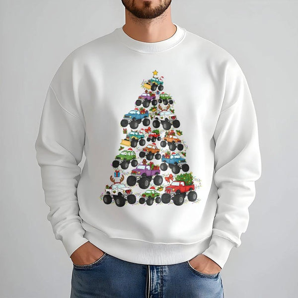 Holiday Truck Sweater, Monster Truck Christmas Tree Sweatshirt, Festive Vehicle Crewneck, Humorous Xmas Graphic Pullover, Tru