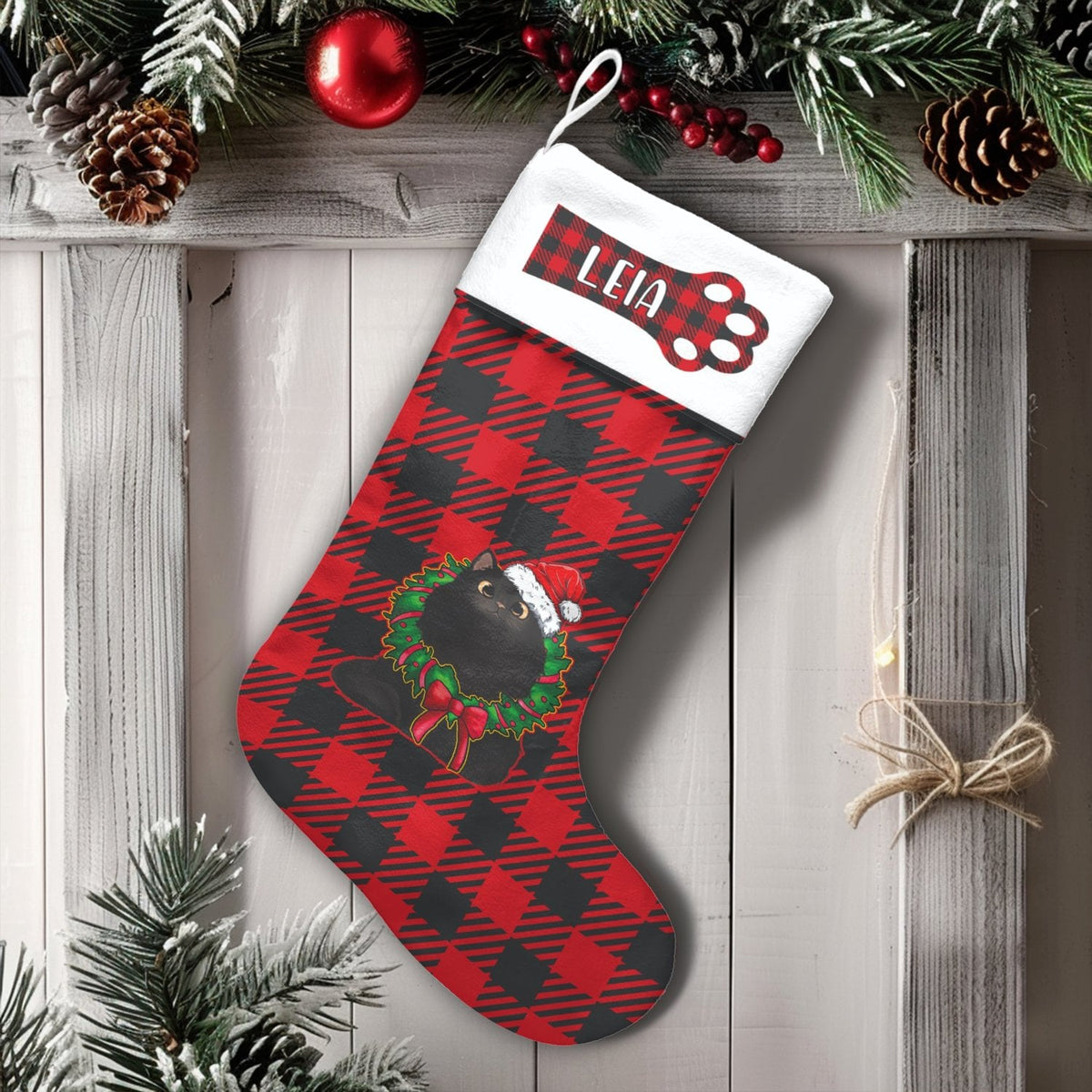 Red Plaid Paw Print Stocking, Personalized Black Cat Christmas Stocking, Adorable Pet Xmas Stocking, Custom Pet Lover Holiday