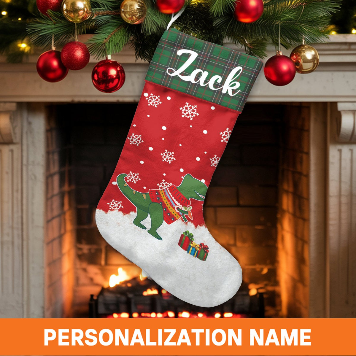 Personalized Dino Stocking, Dinosaur Christmas Stocking, Plaid Cuff Holiday Stocking, Custom Kids Christmas Stocking, Dinosau