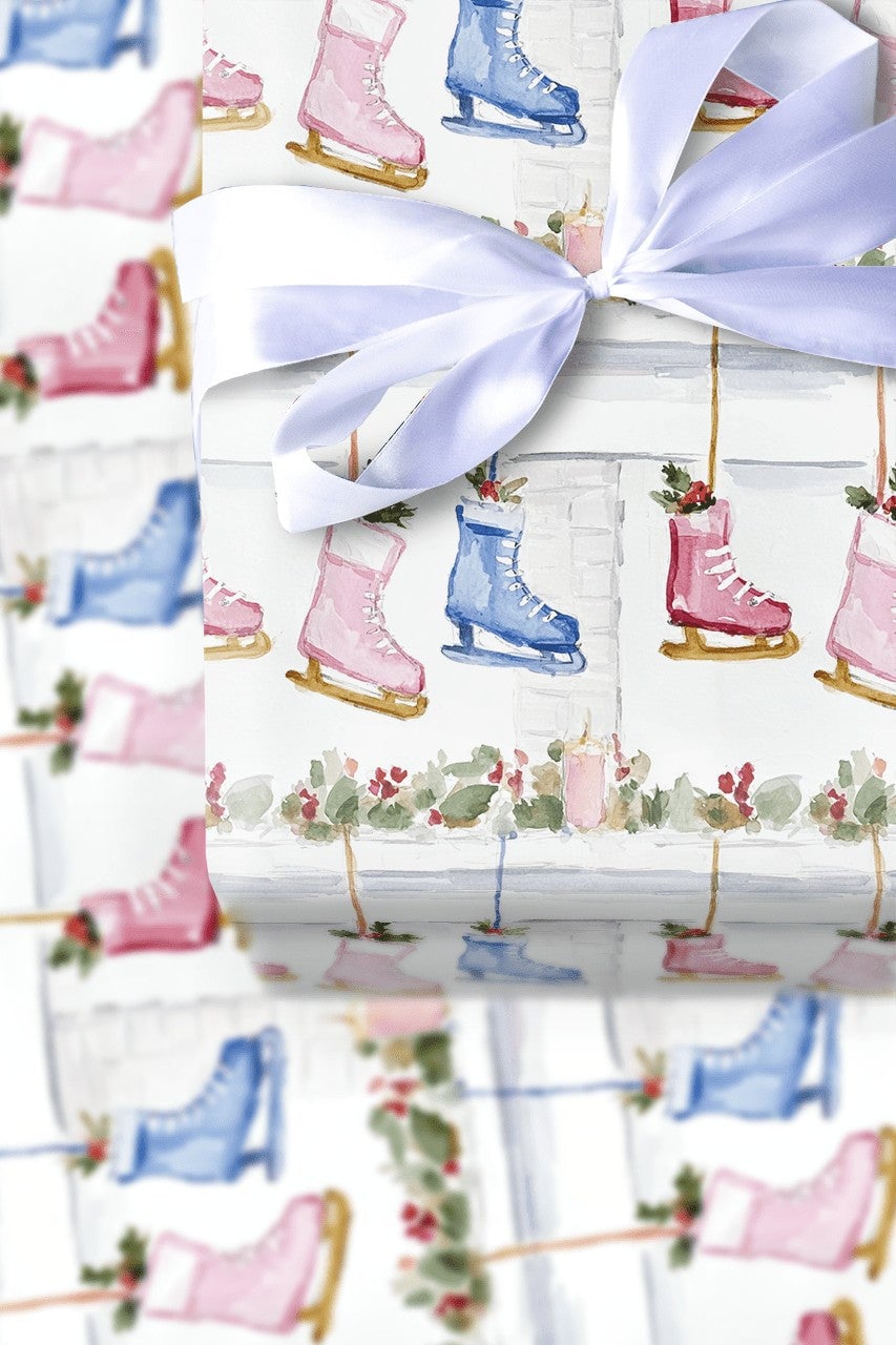 Fireplace Mantel Gift Wrap, Ice Skate Christmas Wrapping Paper, Watercolor Winter Skater Wrapping Paper, Holiday Gift Wrap Ro