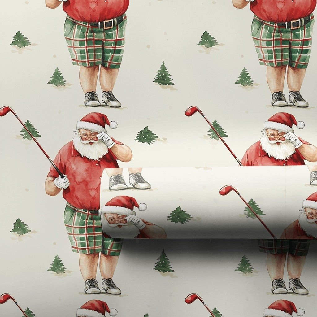 Humorous Christmas Golf Gift Wrap, Golfing Santa Wrapping Paper, Golfer Holiday Wrapping Paper, Plaid Shorts Santa Christmas 