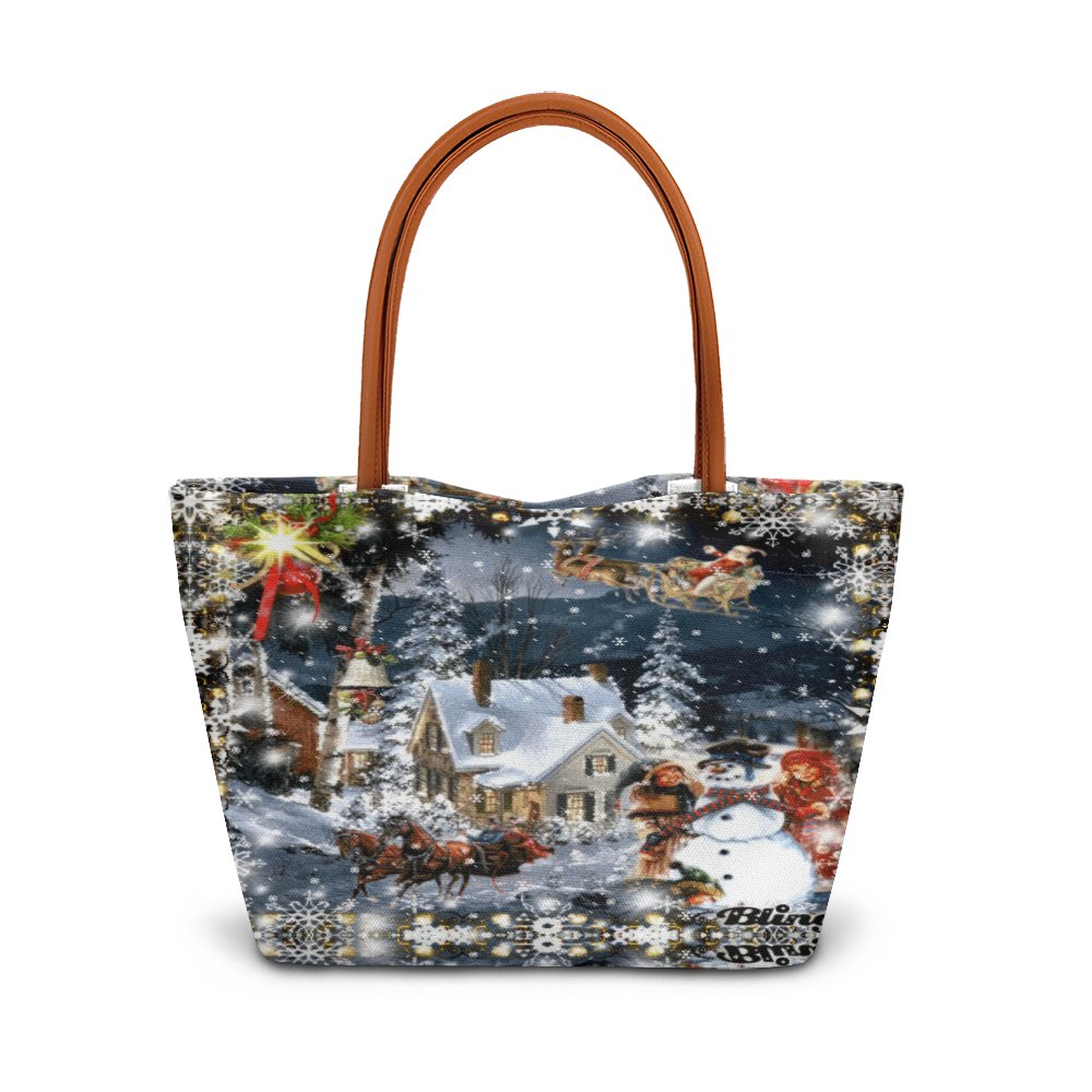Santa Sleigh and Snowman Tote Bag, Vintage Christmas Scene Tote Bag, Retro Holiday Tote Bag, Winter Shoulder Bag, Festive Xma