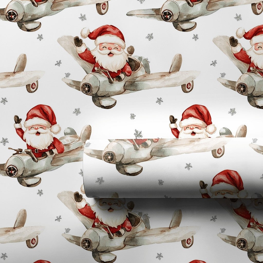 Vintage Flying Santa Gift Wrap, Airplane Santa Wrapping Paper, Watercolor Pilot Santa Christmas Paper, Retro Aviation Gift Wr