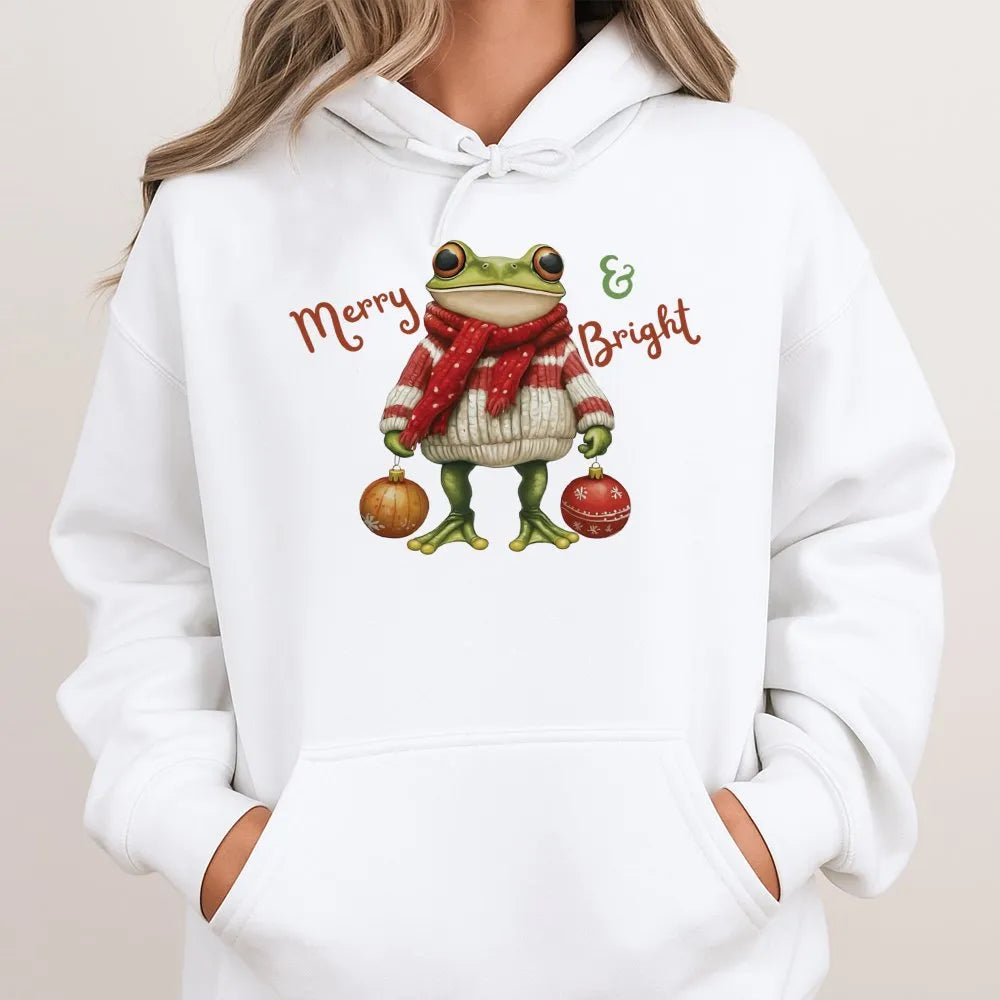 Merry and Bright Frog Sweatshirt, Christmas Frog Hoodie, Adorable Animal Holiday Hoodie, Festive Xmas Frog Hooded Pullover, W